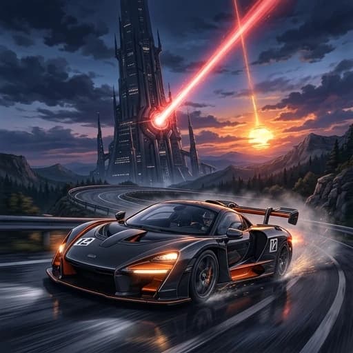 McLaren Senna, едет по дороге, эпичный ракурс, эффект скорости, горящие фары, на фоне космической  очень высокого здания  , из здания направлен крысный луч в сторону солнца стиле аниме с реалистичными деталями, шедевр