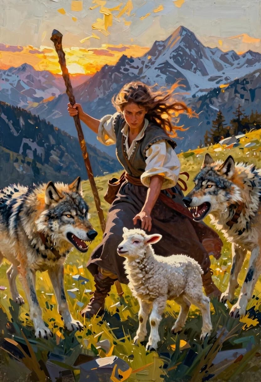 concept art A mountain shepherdess fiercely fights off three aggressive angry wolves with her staff, protecting a little lamb.  Her hair flutters in the wind, her traditional clothes, her determined expression.  High alpine meadow at sunset, golden light against cold shadows, dramatic scene, cinematic lighting, epic realism, highly detailed, digital artwork, illustrative, painterly, matte painting, highly detailed, Greg Rutkowski concept art, epic fantasy, dramatic lighting, painterly, highly detailed, vibrant colors, dynamic composition, WLOP, melancholic, palette knife oil painting, bold strokes, thick texture, dramatic, expressive, chunky paint application, modern technique, photorealistic, 4K resolution, pastel colors, deep depth of field, cinematic lighting