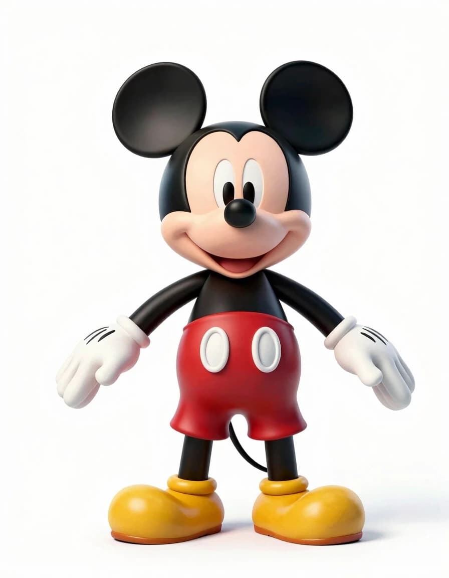 A full-length shot of the classic Mickey Mouse standing in a strict pose of the letter "T", legs shoulder-width apart, arms spread apart, on a pure white background, studio lighting, highly detailed 3D rendering, clear character design for rigging into a 3d model