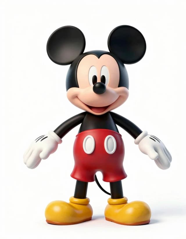 A full-length shot of the classic Mickey Mouse standing in a strict pose of the letter "T", legs shoulder-width apart, arms spread apart, on a pure white background, studio lighting, highly detailed 3D rendering, clear character design for rigging into a 3d model