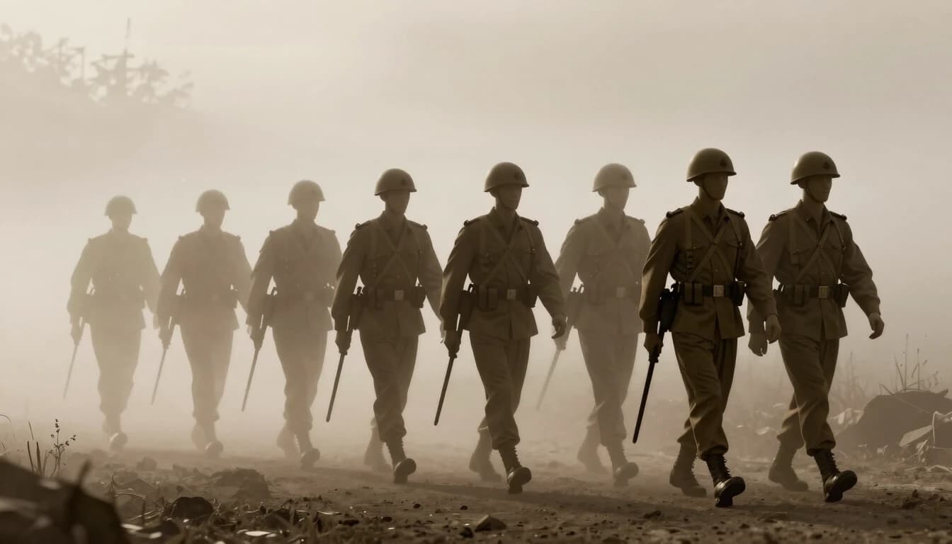 Conceptual image, phantom army silhouette of soldiers marching in fog, ghostly translucent effect, sepia tone