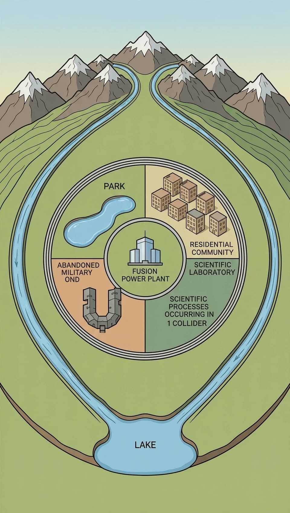 A world shaped like a closed torus (a donut-shaped world).
The world is located in the plane of the torus's equator, bordered in the rear half by a mountain range that transitions into hills, which quickly merge into a plain. On the plain in the center of the world is the ring of the collider's ground portion (the ring's radius is half the radius of the torus). Within the collider's ring is a territory divided into four equally sized segments (the segments are described below in counterclockwise order). One segment contains a park and a pond, the pond being closer to the center. The second segment contains a residential community of one- and two-story buildings. The third segment contains a scientific laboratory studying the processes occurring in the collider. The fourth segment contains an abandoned military unit shaped like the letter U. At the center of the collider's ring is the building of the fusion power plant. Beyond the outer edge of the collider's ring, a small lake is located at the bottom. Two rivers originate in the mountains at the top of the world, flow around the collider ring—one larger on the left, the other smaller on the right—and empty into a lake.