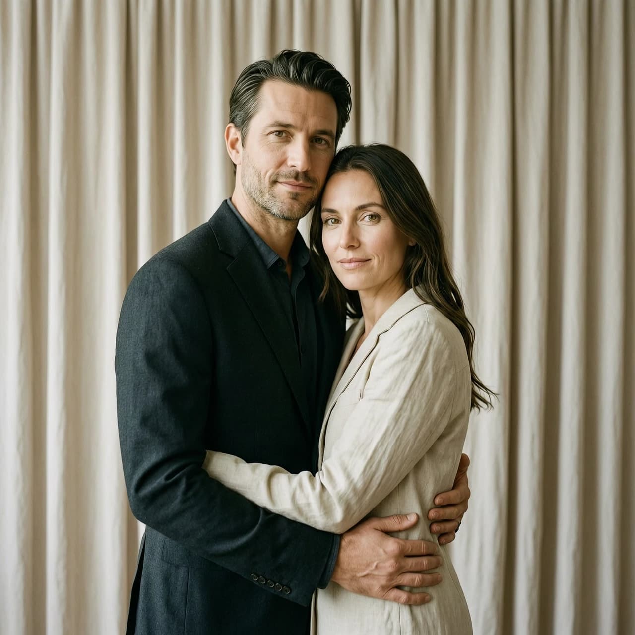 Create an ultra-realistic intimate portrait of a couple based on the provided reference photos.

IMPORTANT — IDENTITY LOCK:
Use the exact faces, facial features, proportions, skin tone, and appearance from the uploaded photos. Do not change identity.

SCENE:
A couple standing close together in front of soft neutral curtains.
The man is standing slightly behind the woman, gently holding her around the waist.
The woman leans slightly into him.
Both are looking directly into the camera.

EMOTION:
Calm, confident, intimate, natural connection.

STYLING:
– Minimalistic clothing (neutral tones, black/white/beige)
– Natural makeup
– Clean, elegant look

LIGHTING:
– Soft diffused studio lighting
– Slight film look
– Subtle shadows
– Skin looks natural and detailed

CAMERA:
– Portrait framing (waist up)
– Slight depth of field
– Sharp focus on faces

QUALITY:
Ultra photorealistic, cinematic, high detail, natural skin texture, no AI artifacts.

IMPORTANT:
Do not distort faces.
Do not stylize.
Keep everything realistic and natural.