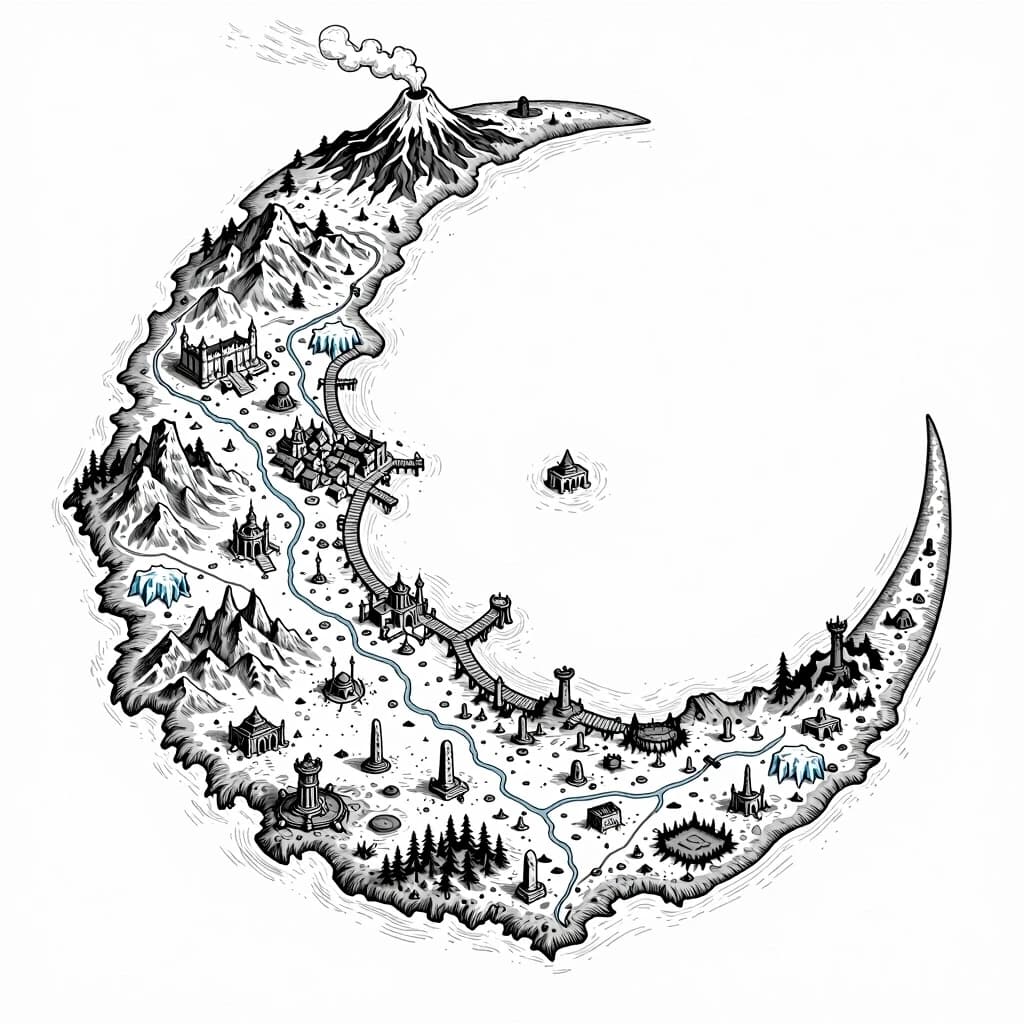 2D top-down authentic gritty dark fantasy large-scale strategic nautical map, high-detail medieval woodcut style, inspired by Tainted Grail: Fall of Avalon. Pure white background with sharp, ultra-thin black outlines, strictly borderless clean line art. The surrounding sea area is completely empty, plain, and vacant white space with fine vintage wave etching. Sharp, realistic coastlines feature minimal, clean traditional dark fantasy cartography outline hatching to ensure clarity. The map depicts one single massive crescent-shaped island, rendered as a detailed hand-drawn topography layout where numerous tiny points of interest are randomly scattered across its diverse territories, leaving plenty of empty space between them. At the highest peak and northern summit of the crescent island sits a single massive smoking volcano. A detailed medieval fantasy seaport town with docks and piers is nestled inside the island's natural crescent bay. Multiple winding rivers flow from the central mountains down into the sea. The rest of the island features randomly scattered landmarks including a few ruined castles, overgrown temples, abandoned cathedrals, ancient altars, swamps, ice caves, ice canyons, cursed monoliths, dark caves, burnt forests, wooden bridges, stone obelisks, rope bridges, ritual altars, lone watchtowers, deserted villages, plagued dungeons, and execution grounds. Every object, terrain line, and topographic feature is rendered exclusively as a hollow, high-contrast gritty medieval engraving line. Highly detailed masterwork.