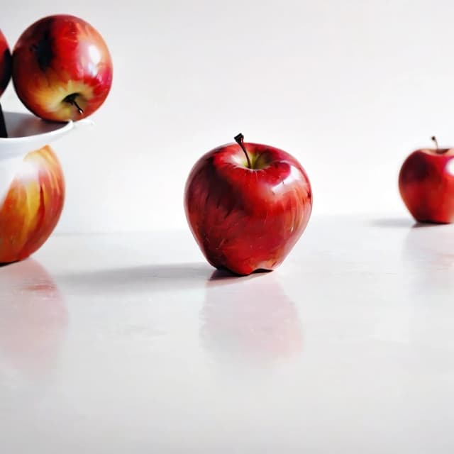 a red apple on a white table