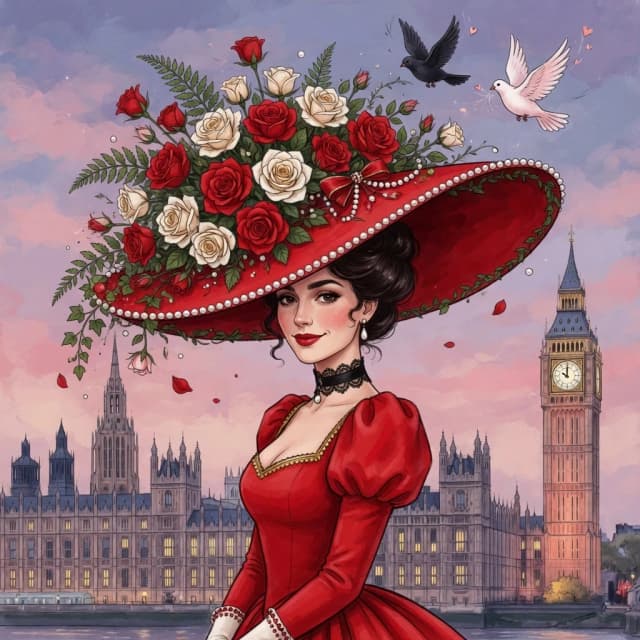 The image is a digital art piece that appears to be a portrait of a woman in a red dress and hat. The woman is standing in front of a cityscape with Big Ben and the Houses of Parliament in the background. She is wearing a large red hat with a large bouquet of red and white roses on top. The hat is decorated with small pearls and leaves, and there are two birds flying in the sky above her head. The overall mood of the image is romantic and whimsical.