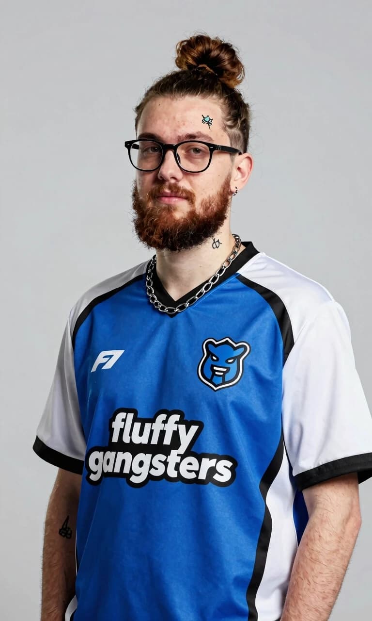 Create a cyber sports club player with a small tattoo, glasses, and a beard. Hair is styled in a fluffy bun, and a chain is worn around the neck. The player is dressed in the "fluffy gangsters" uniform with an emblem. The club's colors are blue, white, and black. The image should be a full-body, front-facing profile shot, looking directly ahead, without a background, similar to an HLTV profile.