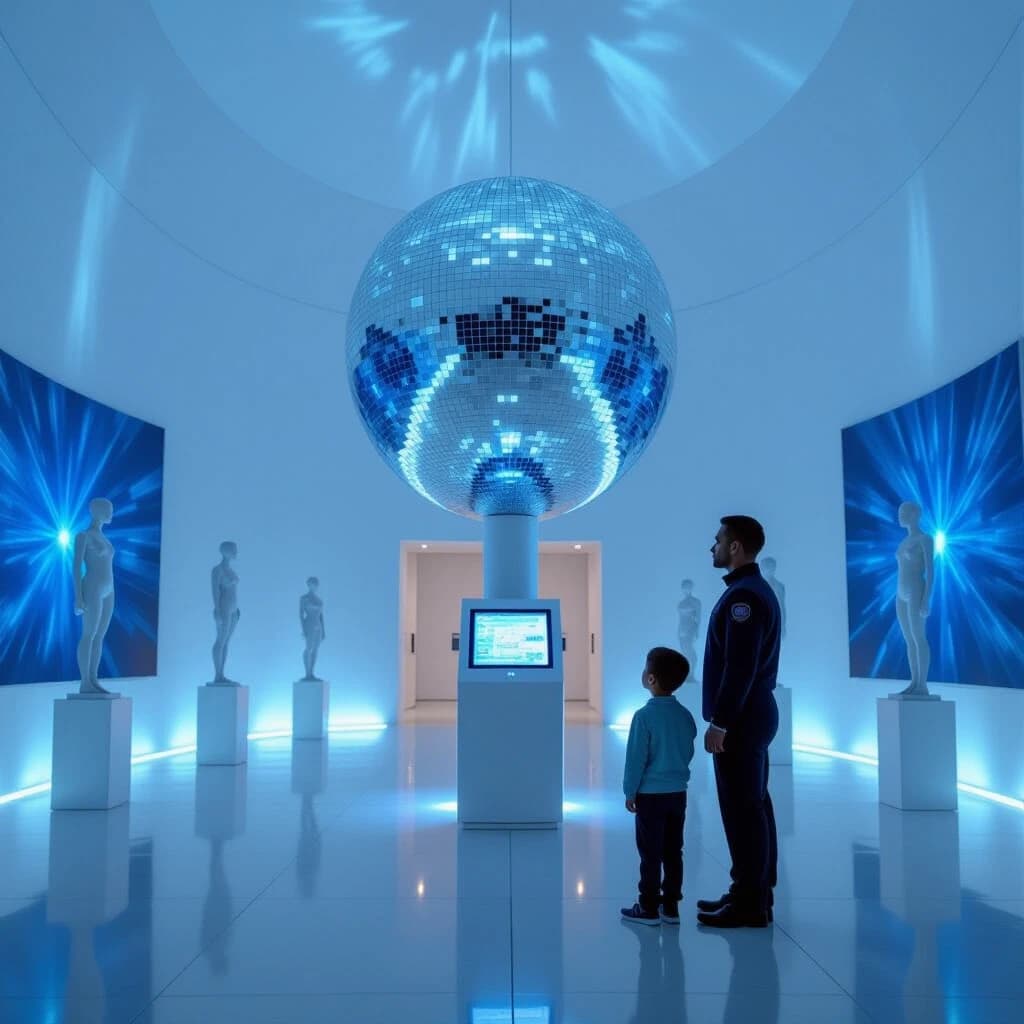 A large, semi-circular, white hall with no windows. Along the walls are sculptures depicting a ball on a very thin pillar. The walls are adorned with paintings depicting a ball on a pale blue background, with the surface of the ball covered in a mosaic pattern made up of numerous small black and mirror-like tiles, standing on a very thin pillar on a pale blue background. In the center of the hall is a holographic terminal. Standing near the terminal is a tall, muscular man in a flight suit without any insignia, accompanied by a 12-year-old boy. In the background, near the wall, a man in a silver-black suit is sitting on one of the soft chairs with a surprised expression on his face, while a young man in a flight suit with a thin sword on his belt is standing next to him. Above the holographic terminal, a three-dimensional image of the planet Earth is rotating, consisting of a mosaic pattern made up of numerous small black and mirror-colored tiles.