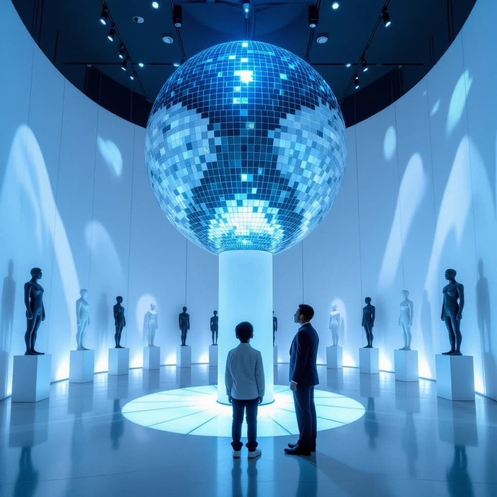 A large, semi-circular, white hall with no windows. Along the walls are sculptures depicting a ball on a very thin pillar. The walls are adorned with paintings depicting a ball on a pale blue background, with the surface of the ball covered in a mosaic pattern made up of numerous small black and mirror-like tiles, standing on a very thin pillar on a pale blue background. In the center of the hall is a holographic terminal. Standing near the terminal is a tall, muscular man in a flight suit without any insignia, accompanied by a 12-year-old boy. In the background, near the wall, a man in a silver-black suit is sitting on one of the soft chairs with a surprised expression on his face, while a young man in a flight suit with a thin sword on his belt is standing next to him. Above the holographic terminal, a three-dimensional image of the planet Earth is rotating, consisting of a mosaic pattern made up of numerous small black and mirror-colored tiles.