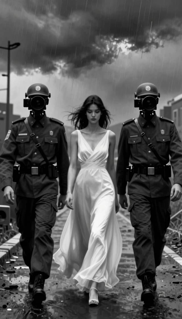 Two figures in dark uniforms walk with camera heads for faces, while a woman in a flowing white dress walks between them under a stormy sky. Apply the desaturate treatment to reshape this scene into a monochrome world where only her gown retains its luminous presence against the grayed surroundings and mechanical forms., digital painting, velithra, YFG-Acrylic style, YFGGigerish style, YFGGraavi, YFGGraavi style, YFGHidden style, YFGRene style, YFG-SimonFlood style, YFG-SRS style <lora:Digital_Painting_Krea2:0.16> <lora:krea2_sunsetblur:0.13> <lora:YFG-Acrylic-Krea2_2k-v1:0.17> <lora:YFG-ChatGPT_4o-Krea2_1.5k-v1:0.13> <lora:YFG-FutureIsDark-Krea2_1k-v1:0.21> <lora:YFG-SpyWorld50s-Krea2_1.5k-v1:0.13> <lora:YFG-Thorn-Krea2_3.2k-v1:0.12> <lora:zy_Cinematic_Shot_K2:0.11>
Steps: 8, Sampler: er_sde_simple, Seed: 748971081827807, VAE: Krea2\qwen_image_vae.safetensors, Model: Krea\krea2_turbo_fp8_scaled.safetensors, width: 1248, height: 1872, Model hash: eb4dd8c612, Clip skip: 1