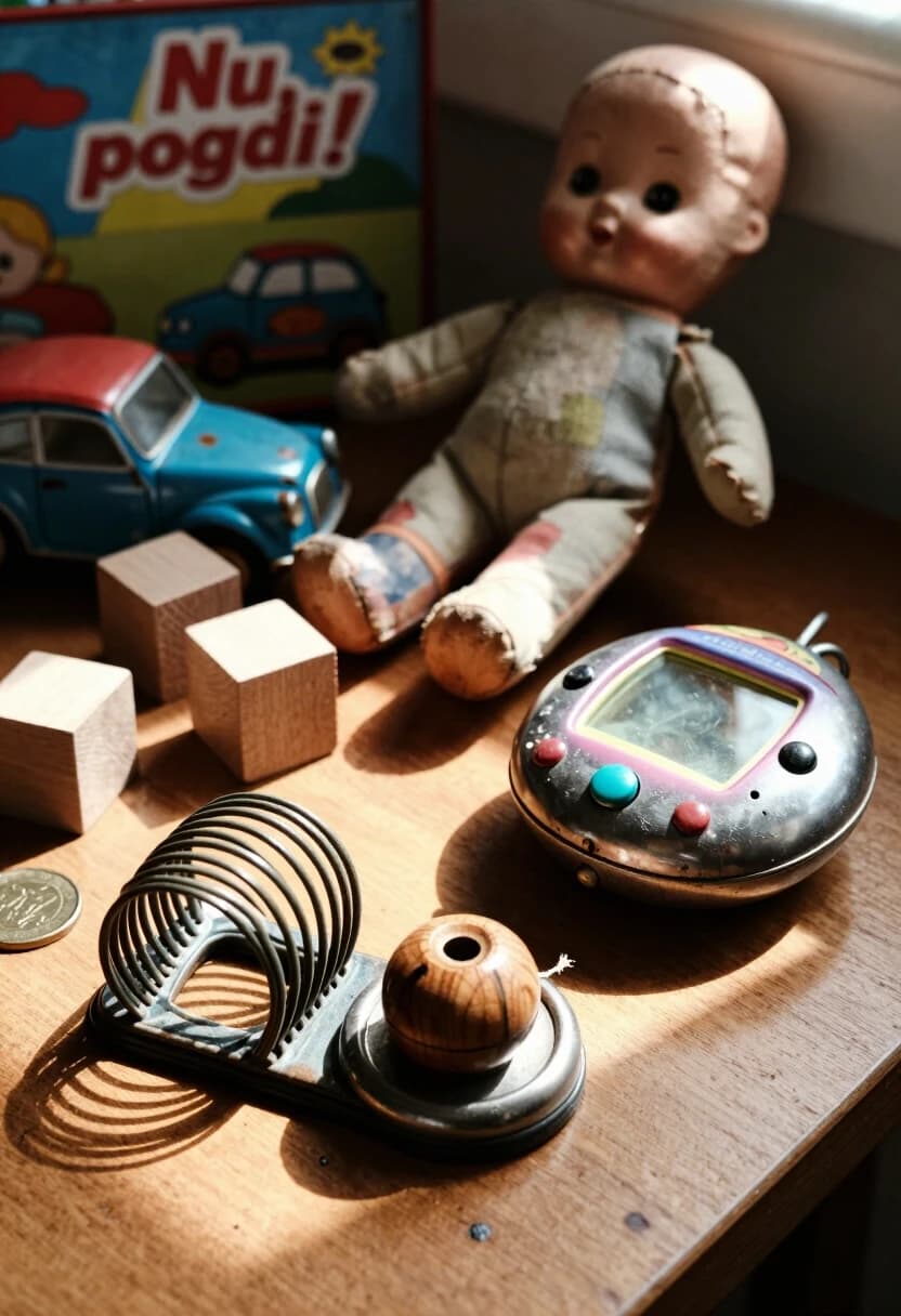 Realistic close-up and mid-range photograph, 50–85mm lens combo, f/2.2, warm indoor lighting with a hint of daylight. A wooden table holds a curated arrangement of old toys: in the foreground, a Slinky with individual coils sharply detailed and a small yo‑yo with visible grain in the wood and frayed thread; beside them, a metal spinner with scratches and a Tamagotchi with a cloudy screen. In the mid-ground, a cloth doll sits slightly tilted, its fabric faded and threadbare; behind it, the “Ну, погоди!” game and a few tin toys (car and locomotive) with rust spots and worn decals. Scattered around are wooden blocks with rounded edges and a handful of фишки. A single sunbeam falls diagonally across the table, emphasizing dust motes and surface textures. Shadows are soft but defined, highlighting the contrast between smooth plastic, rough wood, and pitted metal. Mood: calm, contemplative, almost музейный — как будто это коллекция, которую бережно рассматривают. High resolution, extreme detail on small imperfections, realistic reflections on metal and plastic, natural color palette.
Keywords: detailed close-up of vintage toys, tactile materials, directional lighting, photorealistic textures, museum-like still life, nostalgic calm, mixed toy collection.