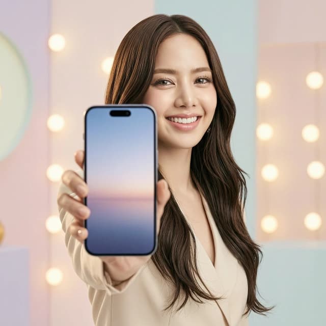 Hyper-realistic cinematic portrait of Lalisa Manoban, captured in a high-end fashion photography style. She is holding a sleek modern smartphone towards the camera, with the screen facing the viewer, creating an immersive POV effect. Lalisa has a joyful and radiant expression, with a bright, charming smile and sparkling eyes that convey a sense of warmth and happiness. The lighting is soft, airy, and ethereal, using high-key studio lighting to create a gentle glow on her skin and a dreamy atmosphere. The background is a soft-focus, minimalist aesthetic with pastel tones and subtle bokeh, ensuring all attention remains on her. The composition is a medium close-up, shot with a 85mm lens to achieve professional depth of field and exquisite detail in her hair texture, makeup, and the reflections on the phone screen. 8k resolution, highly detailed, polished finish, Vogue editorial aesthetic.