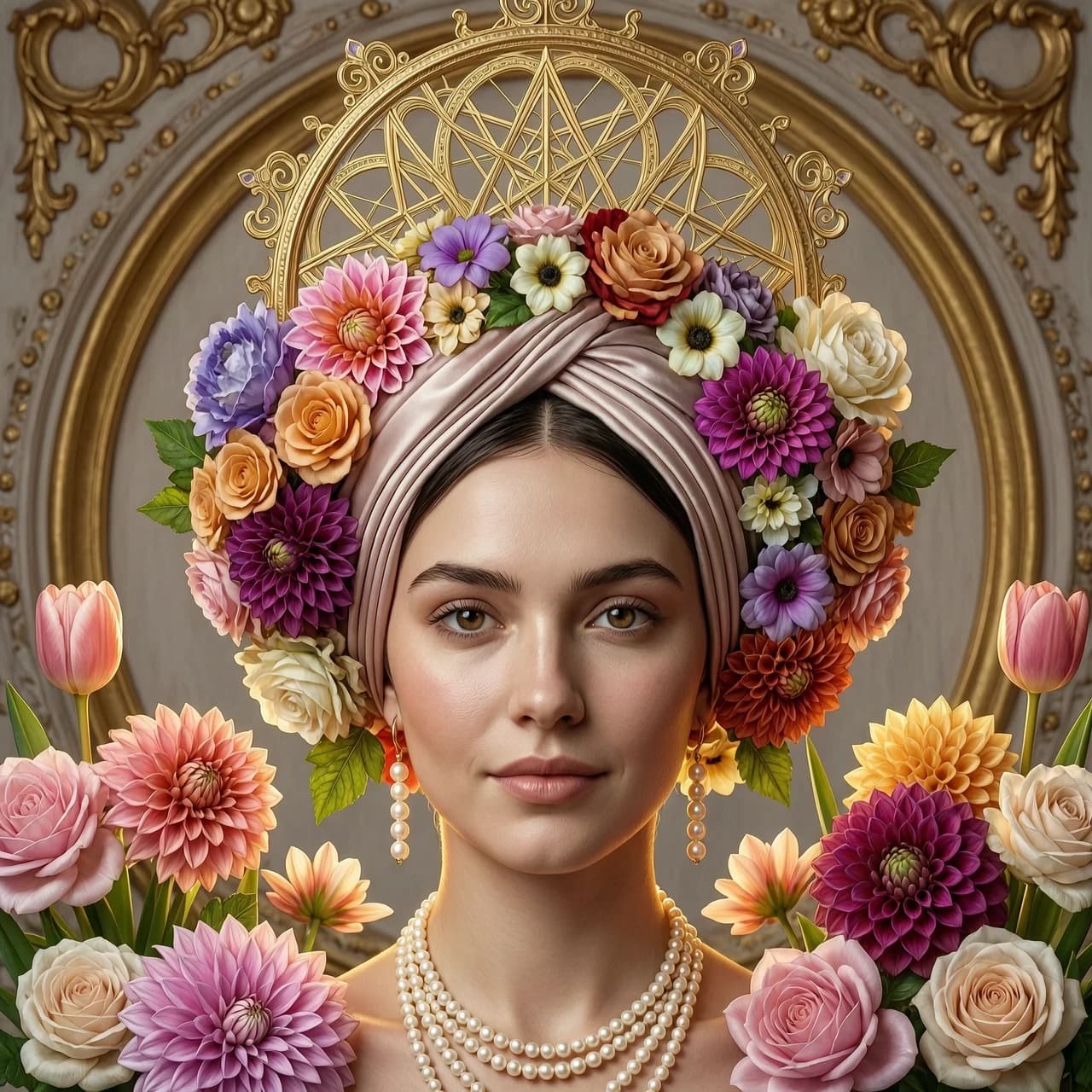 a close-up portrait of a gorgeous nice sexy flirty lovely lust expression arous tenderness  girl in front of an ornate rococo mandala wearing a huge elaborate detailed ornate crown made of all types of realistic colorful flowers, turban of flowers, sacred Geometry, Golden ratio, surrounded by scattered flowers peonies dahlias lotuses roses and tulips, photorealistic face, Cinematic lighting, rimlight, detailed digital painting, Portrait, headshot, in style of Artgerm, WLOP, Peter Mohrbacher, William adolphe Bouguereau, cgsociety, artstation, Rococo and baroque styles, symmetrical, hyper realistic, 8k image, 3D, supersharp, pearls and oyesters, turban of vibrant flowers, satin ribbons, pearls and chains, perfect symmetry, iridescent, High Definition, Octane render in Maya and Houdini, light, shadows, reflections, photorealistic, masterpiece, smooth gradients, no blur, sharp focus, photorealistic, insanely detailed and intricate, cinematic lighting, Octane render, epic scene, 8K