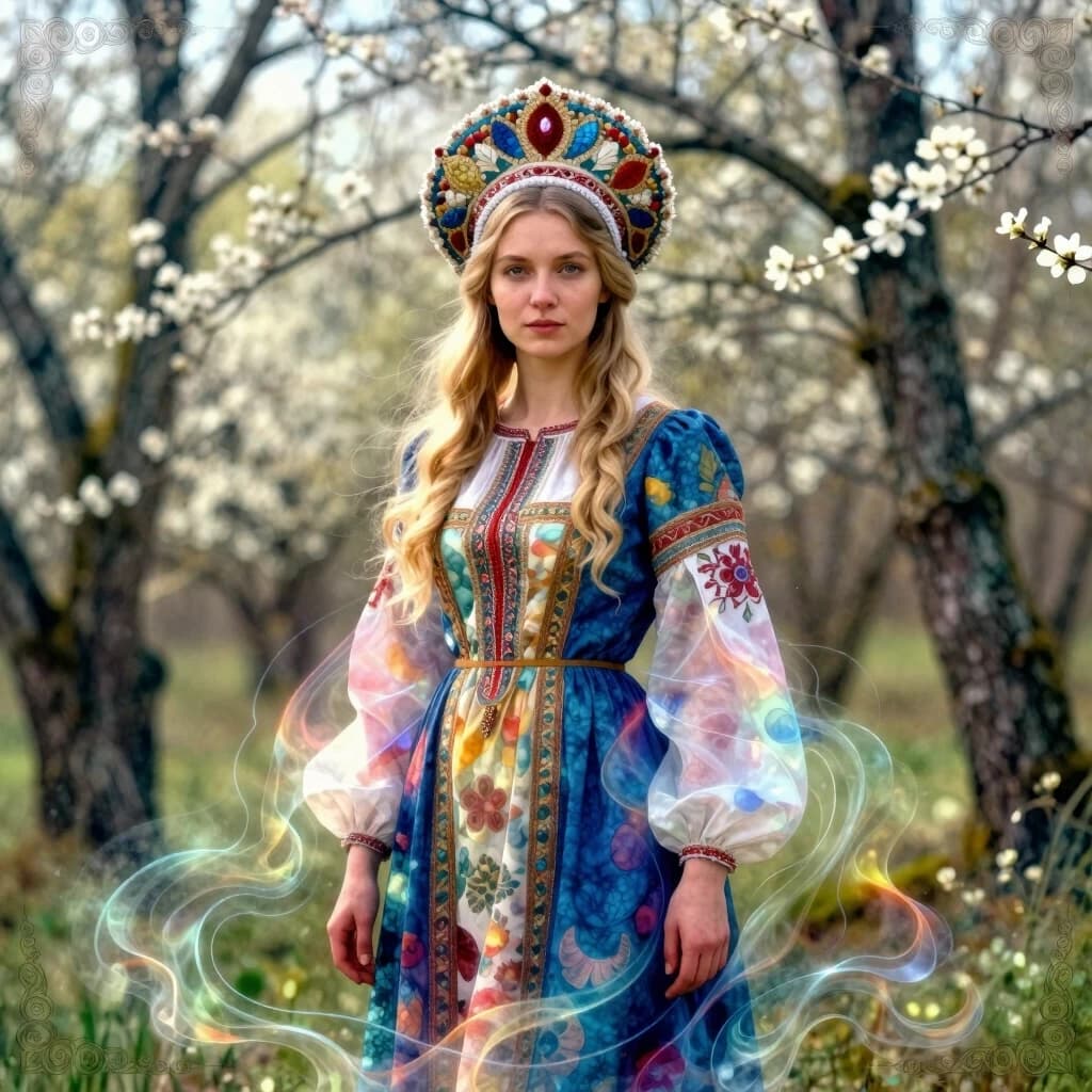 Russian woman: A detailed portrait of a young woman of Slavic appearance from the 16th century in a traditional long Russian sundress and a traditional Russian headdress, with blonde hair against the background of a spring blooming forest, in full growth. In the Glitter style: magical realism, natural symphony, shapes dissolve into color, lines flow like water, translucent layers with a watercolor texture, intricate ornaments at the corners of the composition. High quality, 4k, octane, cinematic lighting, dramatic composition, eyes with increased detail, delicate skin texture, professional photography, depth of field, Leica camera, artstation trends, spectacular lighting, mystical atmosphere, detailed textures, volumetric lighting, works by Viktor Vasnetsov and Ivan Bilibin, gouache painting style, style Russian fairy tales, photorealism. An atmosphere of joy and serenity.