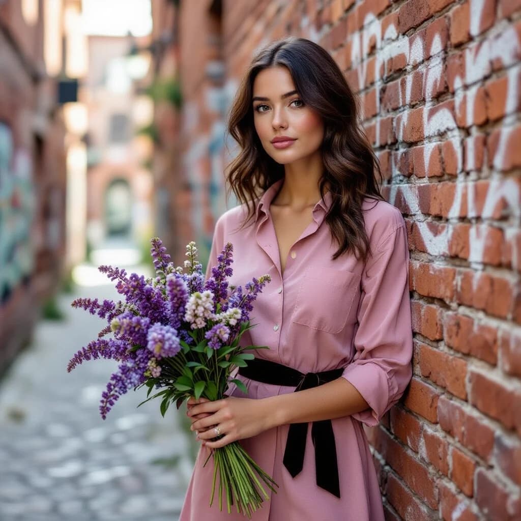 A young woman with wavy dark brown hair and freckles stands against an old brick wall on a narrow city alley. She wears a dusty pink shirtdress with an asymmetrical hem and a black velvet belt; the sleeves are rolled up to the elbows. She holds a carelessly arranged bouquet of buddleia, a few sprigs slightly fallen. She doesn't look at the camera, but gazes thoughtfully at the graffiti on the wall, as if remembering something. The photo was taken on 35mm film, in warm daylight, with a slight grain, crisp textures of brick and fabric, and a medium depth of field: the figure is in focus, the edges of the frame are slightly softer.
