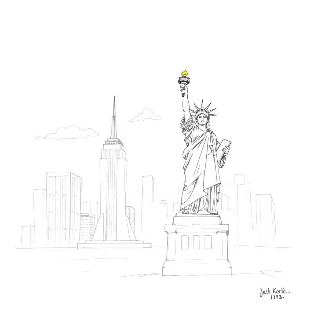 Statue of Liberty, New York in the background: simple pencil sketch, only lines and contours, white background, like in a children's book, monochrome.