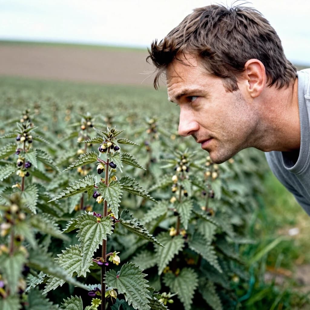 man looks at big nettle