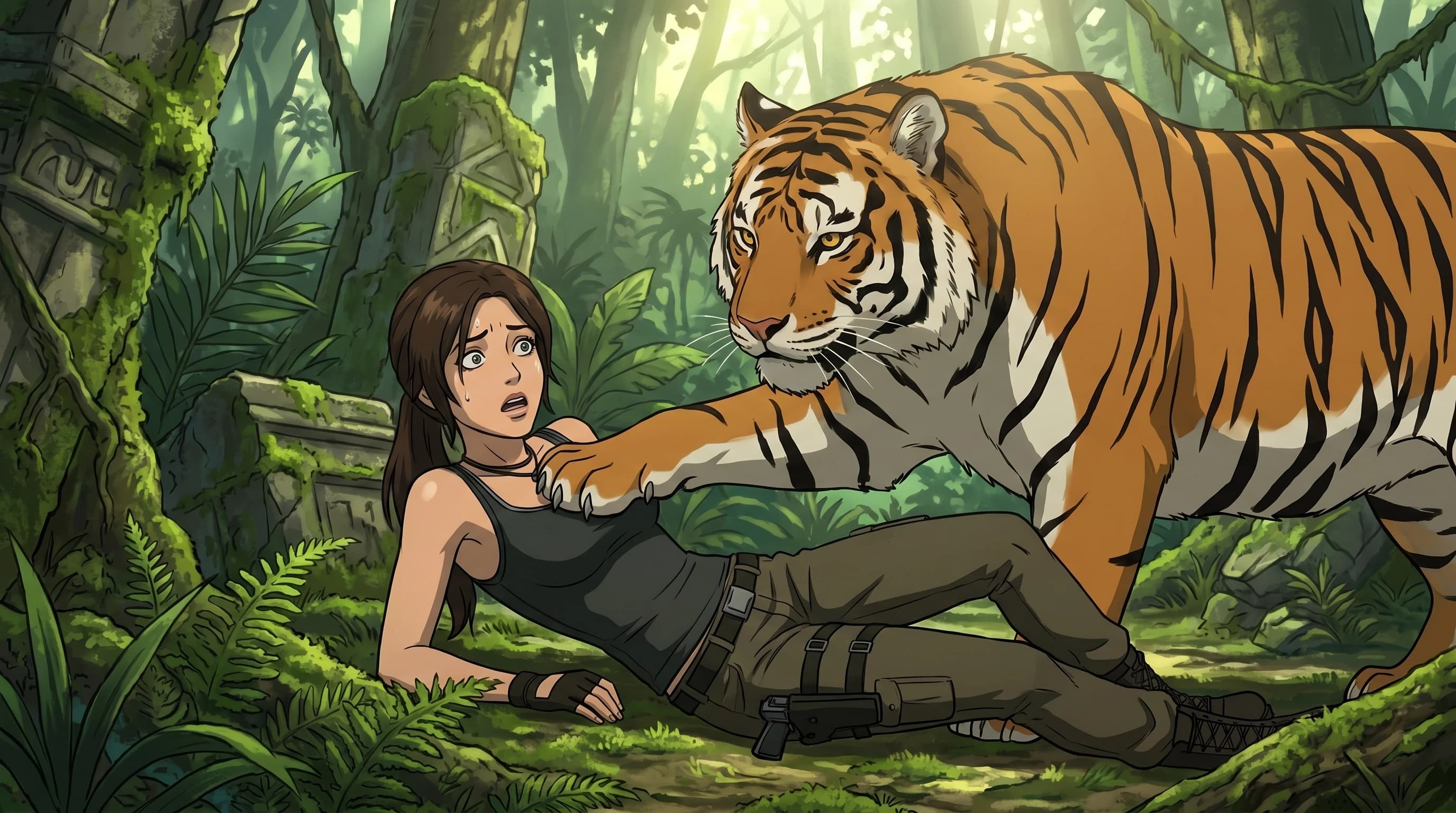 Tomb Rider (game 2013), Лара Крофт с большой грудью с глубоким декольте и широкими бёдрами, лежит под серьёзным тигром, тигр наступил на грудь Лары Крофт, напуганный взгляд, в джунглях, стиль аниме