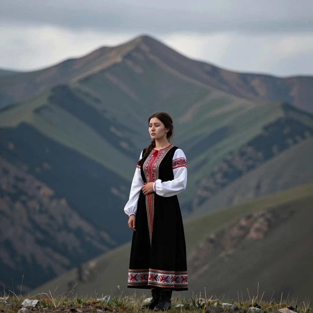 Красивый пейзаж горы Ирендек в Башкортостане, грустная красивая молодая женщина башкирка в старинном башкирском платье стоит на подножье горы.