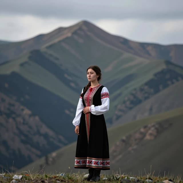 Красивый пейзаж горы Ирендек в Башкортостане, грустная красивая молодая женщина башкирка в старинном башкирском платье стоит на подножье горы.