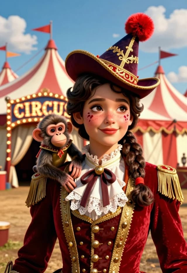 Create a cinematic, photorealistic 3D illustration in the style of a frame from a high‑budget circus film — a close‑up of a young performer against the backdrop of the main tent. In the center is a girl with an expressive gaze and a gentle smile; she has wavy dark hair braided into a plait, and her face is adorned with delicate circus makeup featuring scarlet accents. She is wearing a luxurious Victorian‑style suit: a scarlet velvet jacket with gold trim, buttons, and fringe, a white blouse with lace, and on her head — a pointed hat with a red pom‑pom and ornate gold embroidery.
A small monkey in a miniature stage outfit with decorative elements is nestled comfortably on her right shoulder; the animal’s gaze is curious, and its posture is relaxed.

In the background — a majestic circus tent with a red‑and‑white striped design and a richly decorated facade; above the entrance — a large illuminated sign reading “CIRCUS” in a retro style; along the perimeter — garlands with warm light bulbs, flags on flagpoles, and light draperies. The sky is bright blue with fluffy white clouds; the lighting is sunny, with soft golden highlights on the fabric and skin, and delicate shadows that emphasize the volume.

Detail every button, the texture of the velvet and lace, the fluff on the pom‑pom, the individual hairs in the monkey’s fur, the shine of the gold trim, the folds of the draperies. The palette is rich, with a dominant use of scarlet, cream, gold, and deep blue.