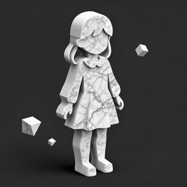 Silhouette of girl constructed from horizontal stacked 3D printing layers, FDM layer lines clearly visible, contour map style, marble texture, isometric view, floating geometric fragments nearby, no text, no letters, clean dark background, architectural render.