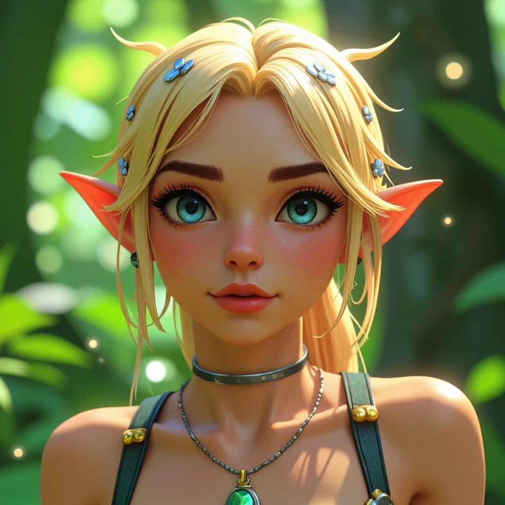 Disney-style 3D animation render of a beautiful young female elf healer, close-up portrait focusing on head and shoulders. She has radiant, glowing blonde hair adorned with delicate silver filigree hairpins and tiny glowing forest flowers. Her eyes are a striking, expressive crystalline blue, filled with kindness and magical warmth. She wears intricate elven jewelry, including a slender silver necklace with a glowing emerald pendant. The character design features smooth skin textures, large expressive eyes, and soft facial features characteristic of modern Disney feature films. Background is a soft-focus, lush enchanted forest in various shades of emerald and sage green, with magical bokeh light particles floating in the air. Soft, cinematic rim lighting highlights her silhouette, with warm, gentle sunlight filtering through leaves to create a magical, healing atmosphere. High-quality CGI, 8k resolution, vibrant colors, whimsical and heartwarming mood.