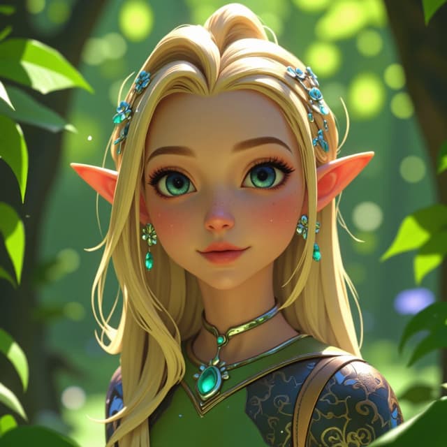 Disney-style 3D animation render of a beautiful young female elf healer, close-up portrait focusing on head and shoulders. She has radiant, glowing blonde hair adorned with delicate silver filigree hairpins and tiny glowing forest flowers. Her eyes are a striking, expressive crystalline blue, filled with kindness and magical warmth. She wears intricate elven jewelry, including a slender silver necklace with a glowing emerald pendant. The character design features smooth skin textures, large expressive eyes, and soft facial features characteristic of modern Disney feature films. Background is a soft-focus, lush enchanted forest in various shades of emerald and sage green, with magical bokeh light particles floating in the air. Soft, cinematic rim lighting highlights her silhouette, with warm, gentle sunlight filtering through leaves to create a magical, healing atmosphere. High-quality CGI, 8k resolution, vibrant colors, whimsical and heartwarming mood.