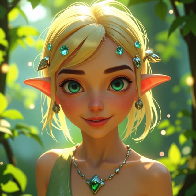 Disney-style 3D animation render of a beautiful young female elf healer, close-up portrait focusing on head and shoulders. She has radiant, glowing blonde hair adorned with delicate silver filigree hairpins and tiny glowing forest flowers. Her eyes are a striking, expressive crystalline blue, filled with kindness and magical warmth. She wears intricate elven jewelry, including a slender silver necklace with a glowing emerald pendant. The character design features smooth skin textures, large expressive eyes, and soft facial features characteristic of modern Disney feature films. Background is a soft-focus, lush enchanted forest in various shades of emerald and sage green, with magical bokeh light particles floating in the air. Soft, cinematic rim lighting highlights her silhouette, with warm, gentle sunlight filtering through leaves to create a magical, healing atmosphere. High-quality CGI, 8k resolution, vibrant colors, whimsical and heartwarming mood.