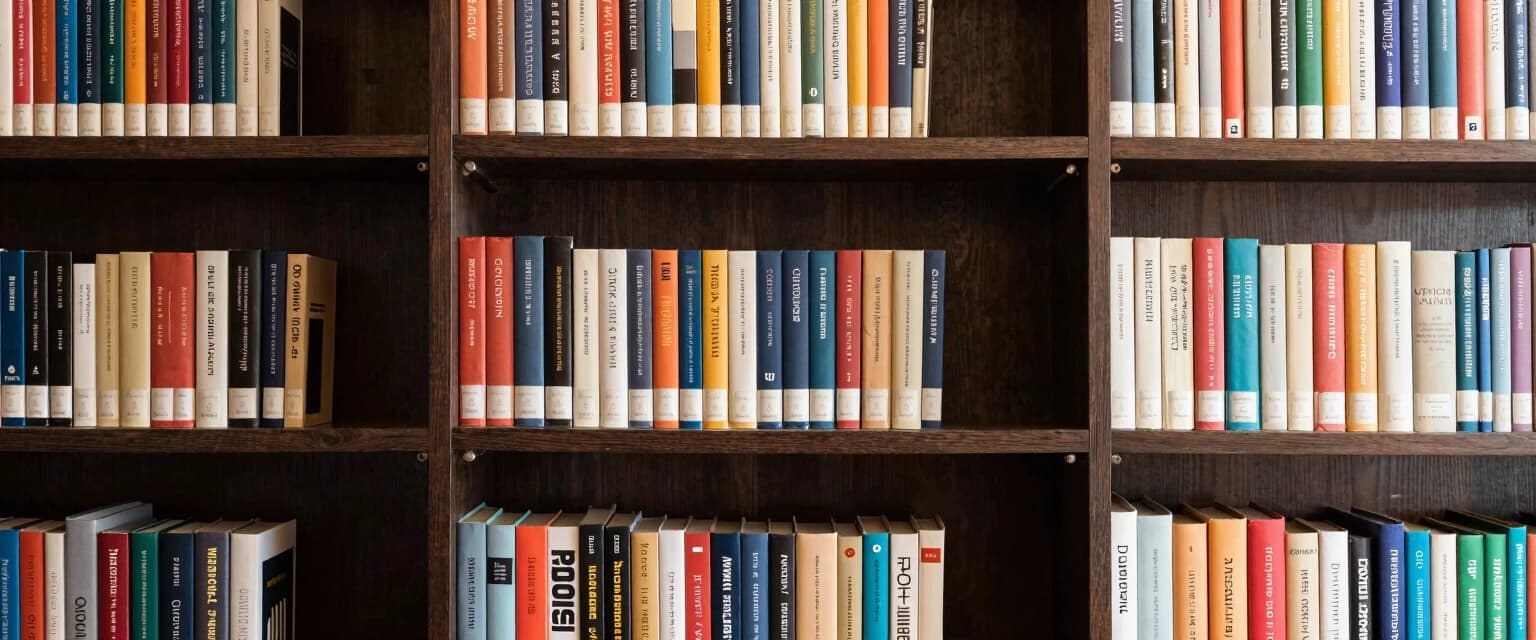 Книжные шкафы, заполненные книгами.