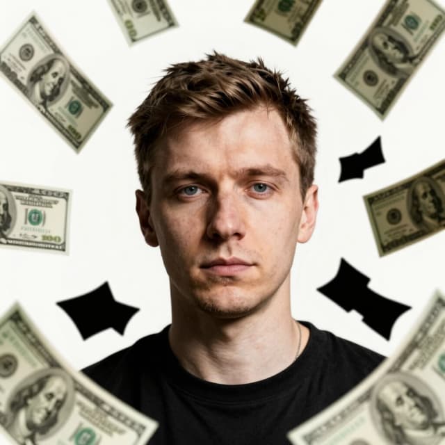 a close up of a poster with money flying around it,  dmitry prozorov style, album cover