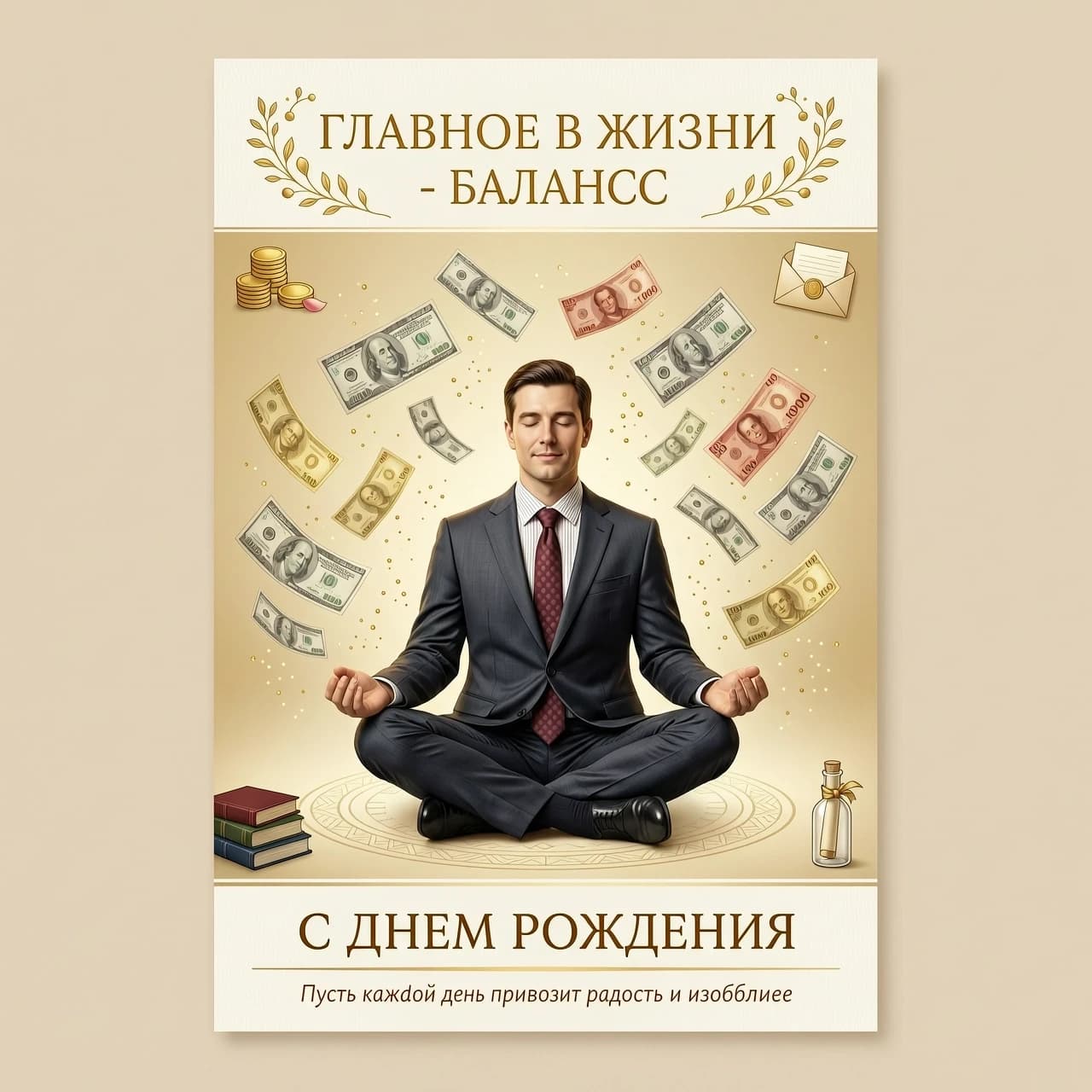 На изображении представлен белый мужчина в офисном костюме, сидящий в классической позе лотоса. Вокруг медитирующего мужчины в воздухе парят денежные купюры различных номиналов. Купюры словно спускаются сверху, создавая ощущение потока благополучия и успеха.

Цветовая гамма:
Фон может быть выполнен в спокойных, нейтральных тонах — светло-бежевых или пастельных оттенках, чтобы не отвлекать внимание от главного элемента композиции. Сами купюры могут быть изображены в золотистых или серебристых тонах, подчёркивая их ценность и значимость.

Надпись:
Над изображением красивым шрифтом надпись: «ГЛАВНОЕ В ЖИЗНИ - БАЛАНС». 
Под изображением надпись : «С ДНЕМ РОЖДЕНИЯ «

Изображение в стиле 50 х