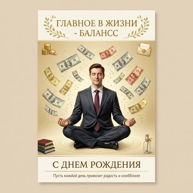 На изображении представлен белый мужчина в офисном костюме, сидящий в классической позе лотоса. Вокруг медитирующего мужчины в воздухе парят денежные купюры различных номиналов. Купюры словно спускаются сверху, создавая ощущение потока благополучия и успеха.

Цветовая гамма:
Фон может быть выполнен в спокойных, нейтральных тонах — светло-бежевых или пастельных оттенках, чтобы не отвлекать внимание от главного элемента композиции. Сами купюры могут быть изображены в золотистых или серебристых тонах, подчёркивая их ценность и значимость.

Надпись:
Над изображением красивым шрифтом надпись: «ГЛАВНОЕ В ЖИЗНИ - БАЛАНС». 
Под изображением надпись : «С ДНЕМ РОЖДЕНИЯ «

Изображение в стиле 50 х