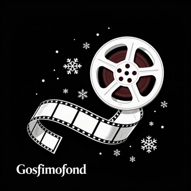 premium festive graphic illustration, square layout, black background, corporate Christmas packaging design for Госфильмофонд, attached Госфильмофонд logo used exactly without modification, elegant white 35mm film reel and film strip forming a graceful flowing ribbon, delicate white snowflakes emerging from and blending with the film perforations, predominantly white illustration, minimal muted red and gold accents, classic cinema poster aesthetics, elegant vintage engraving influence, sophisticated and understated, balanced negative space, refined details, timeless visual language, premium Russian cultural institution branding, clean vector-like shapes, print-ready