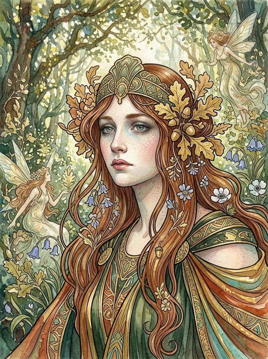 A real masterpiece. How artificial intelligence would depict: (Aesthetics: Impressionism. The image is made in watercolor technique. Art Deco and forest nymphs). Intense close-up. High resolution. High quality. Increased attention to small details. Hyperrealistic style of surrealism, impressionism, fabulous book graphics. Increased attention to the smallest details and texture. The author is Alphonse Mucha.