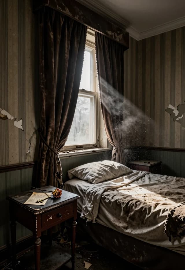 A hyper-realistic, wide-angle shot of a desolate, abandoned hotel room. Dust motes dance in a single beam of sunlight piercing through heavy, torn velvet curtains. On a small, chipped bedside table, an old handwritten letter and a single dried rose lie next to a vintage brass key. The wallpaper is peeling in long strips, revealing grey concrete underneath. A worn-out bed with a stained linen sheet is sagging in the middle. The atmosphere is heavy with nostalgia and loneliness. 8k resolution, cinematic lighting, photorealistic textures of dust and decayed fabric, muted colors.