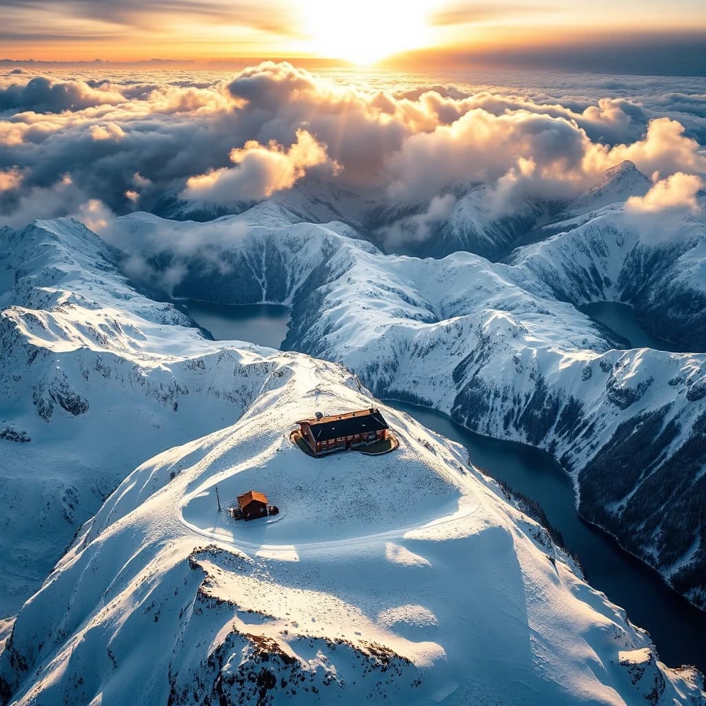 A breathtaking aerial view of endless snow-covered mountains surrounding a single remote hotel, frozen lakes, untouched wilderness, dramatic clouds, golden sunrise, photorealistic, epic scale, ultra-detailed, cinematic