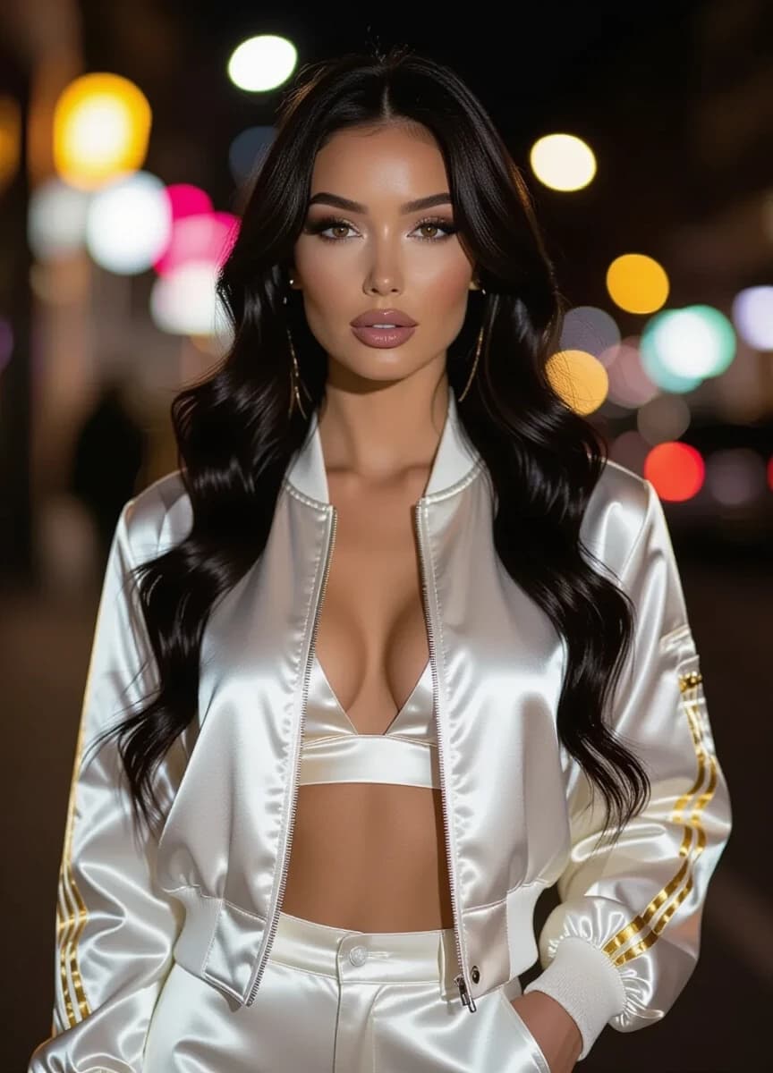 A close-up portrait of a stunning woman, featuring her slender figure, wavy long black hair cascading down her back, and captivating brown eyes that seem to sparkle in the dim city night light, she's dressed to impress in a sleek satin bomber jacket and matching satin pants, with golden stripes accentuating her curves, creating a mesmerizing and alluring image.