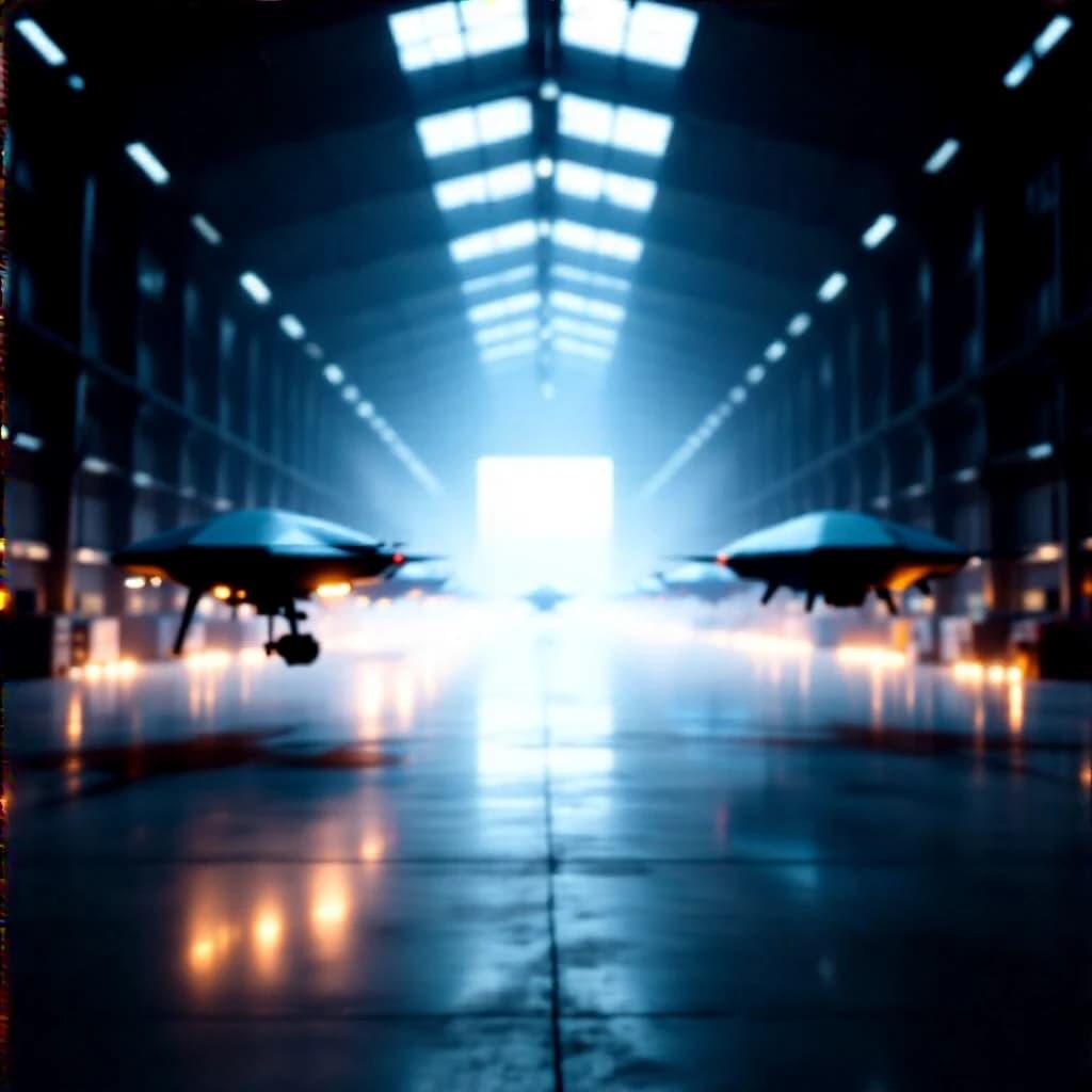 Inside a seemingly endless massive warehouse, so large that the far walls are lost in haze and shadow. High ceilings with industrial lighting. In the distance, large drone aircraft are visible, but they look small compared to the immense size of the building. The floor is polished concrete, reflecting the dim light. The atmosphere is quiet, vast, and slightly eerie. Photorealistic, wide perspective shot, high detail.