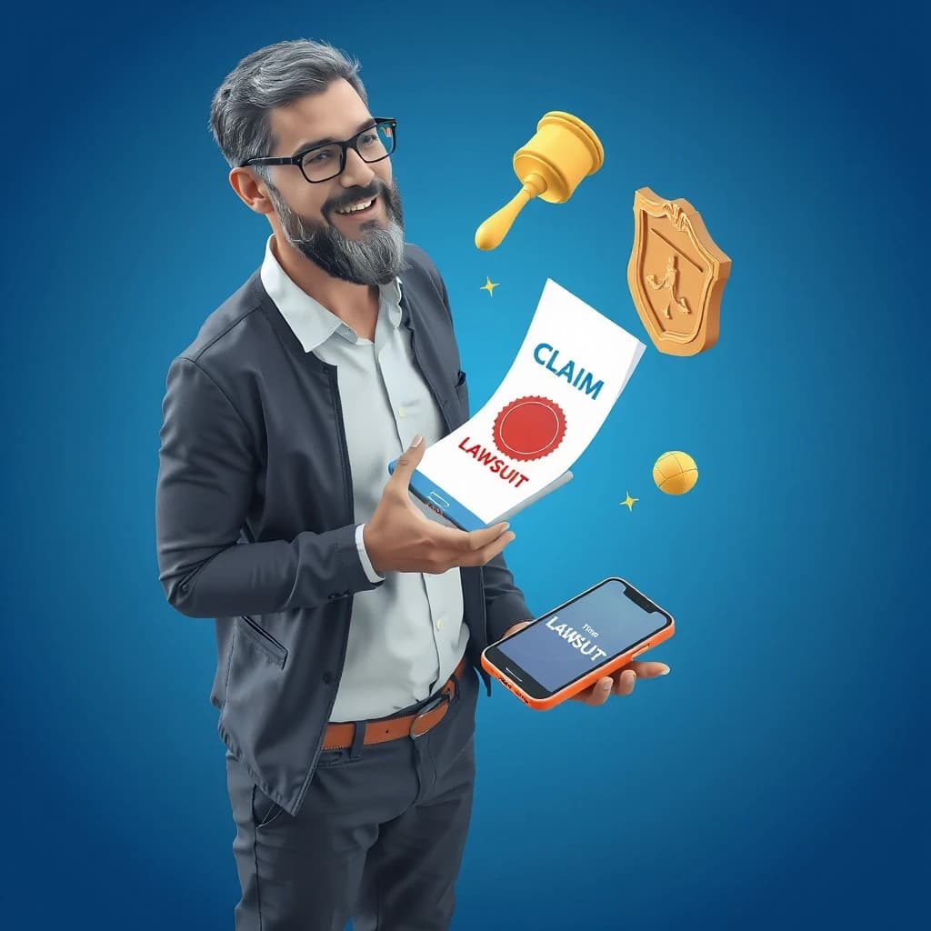 Isometric 3D illustration, middle-aged man standing relaxed, holding a smartphone in his hand, a bright 3D document with a seal and text "CLAIM" and "LAWSUIT" flying out of the phone screen, floating icons of a judge's gavel, a shield, law books, vibrant deep blue and gold background, modern minimalism, 8k, rich lighting, detailed, isometric style, social media creative, advertising style --ar 16:9