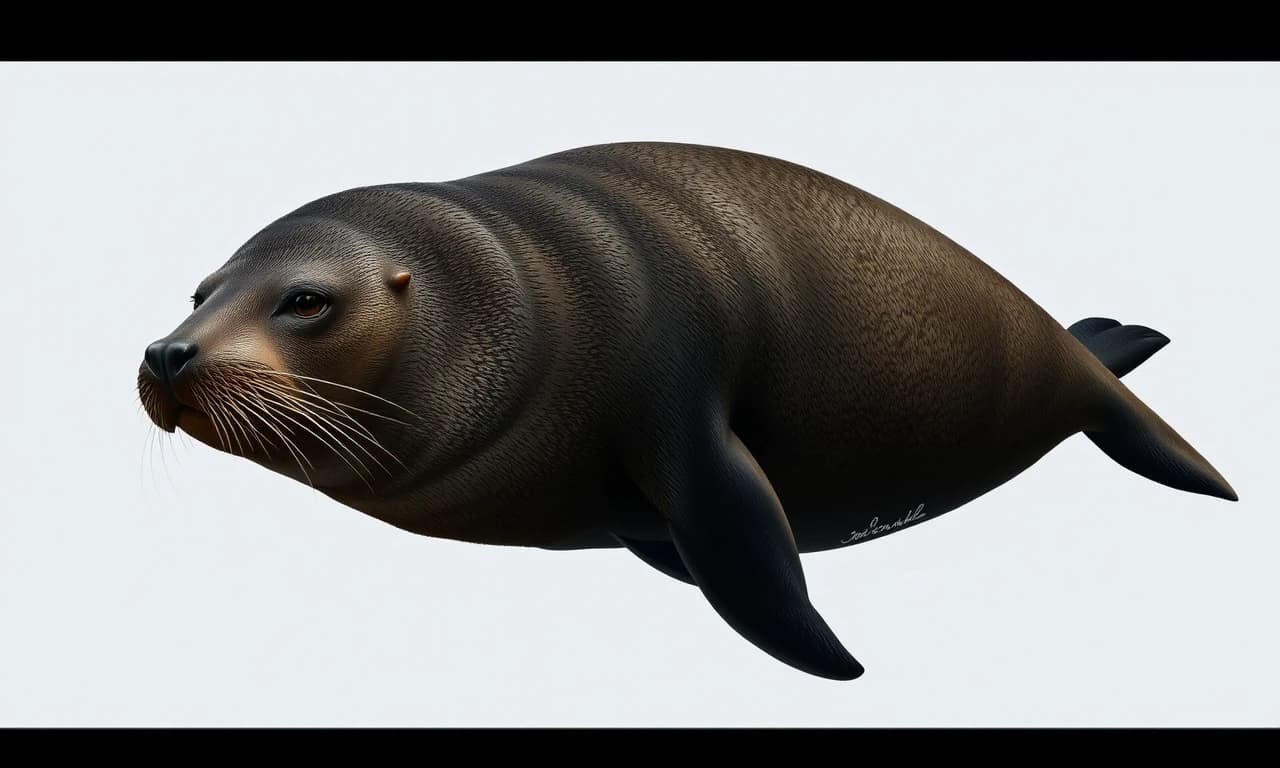 Мне нужно воссоздать японского морского льва (на латинском Zalophus japonicus). Этот японский морской лев, обитавший в Японском море, вымер к 1950-м годам из-за охоты на него и загрязнения окружающей среды.Японские морские львы были крупными животными, но, как и у многих ластоногих, самцы были значительно крупнее самок.
Самцы: Длина тела достигала примерно 2,5–3 метров, вес мог превышать 500 кг.
Самки: Были меньше, около 1,5–2 метров в длину и весом до 300 кг.
Имели типичное для ушастых тюленей обтекаемое мускулистое тело, хорошо приспособленное для плавания. Голова относительно крупная, с хорошо выраженной шеей.
Морда: Удлинённая, слегка сужающаяся к носу.
Ноздри: Расположены на конце морды, овальной формы.
Губы: Толстые, мясистые, с чувствительными вибриссами (усами).
Вибриссы (усы): Очень длинные, густые, беловатые или светло-серые.
Глаза: Крупные, тёмные, расположены по бокам головы. 
Ушные раковины: Ярко выраженные маленькие наружные ушные раковины (отличительная черта ушастых тюленей), которые они могли загибать внутрь при погружении.
Череп: Отличался от черепа калифорнийского морского льва, имел свои специфические черты, которые использовались систематиками для его идентификации (например, форма черепа, зубы).
Основной цвет: Шерсть была преимущественно темно-коричневого или серовато-коричневого цвета. 
Изобразить  как плавает тюлень в воде в полный рост