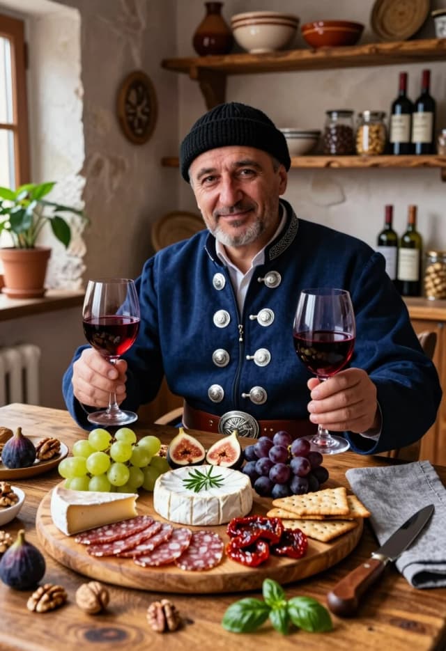 Photorealistic, cinematic, 8K, highly detailed, warm natural lighting, soft depth of field. A middle‑aged man in a traditional Caucasian outfit — dark blue Circassian coat with silver cartridge holders (gazyrs), leather belt with ornate buckle, black knitted papakha — sits at a rustic wooden table, looking directly at the viewer with a gentle, welcoming smile. He holds two tall wine glasses filled with deep red wine, presenting them slightly forward in both hands.

In front of him is a large round wooden charcuterie board laden with an abundant spread: wedges of various cheeses (including a round camembert topped with a sprig of fresh herbs), thin slices of salami and other cured meats, clusters of green and dark purple grapes, halved figs, scattered walnuts and pecans, small crackers, sun‑dried tomatoes, and fresh herbs. A knife with a wooden handle lies on the table to the right, next to a casually draped grey cloth napkin. A few loose nuts and a single basil leaf are scattered in the foreground for added texture and realism.

The background features a cozy, rustic interior: textured stone or plaster walls, wooden shelves stocked with ceramic bowls, jars, and wine bottles, a window to the left with a green potted plant on the sill. Warm ambient light creates a welcoming, homely atmosphere reminiscent of a traditional feast. Style: hyper‑realistic food and portrait photography, rich in texture and color contrast, with a focus on warmth and hospitality.