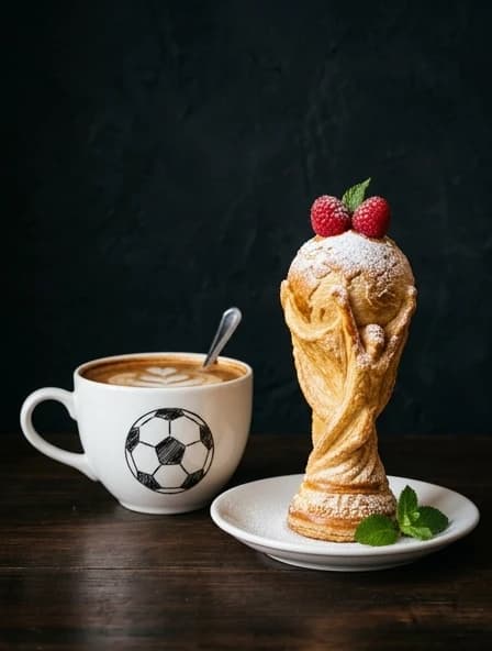 A white cup of coffee. A soccer ball is depicted on the cup with black lines. Next to it, on a white plate, there is a delicious, mouth-watering dessert, pastries sprinkled with powdered sugar, in the shape of the 2026 FIFA World Cup cup. Decorated with two or three raspberries and a mint leaf. Black background. Expressive and decorative. On a dark background. High quality.