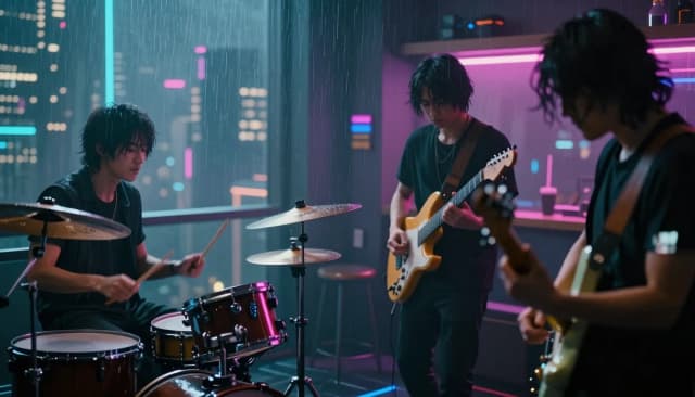 «Cinematic cyberpunk scene, Night City atmosphere. Slow camera drift from the cityscape into a cozy apartment where a band is playing: drummer on the left, two guitarists on the right. Neon glow, subtle rain, light fog, 85 mm lens, cinematic lighting, highly detailed, photorealistic, 4K, slow motion details in the movement of hands and strings, keep faces consistent and recognizable, smooth transitions between shots, cyberpunk mood.»