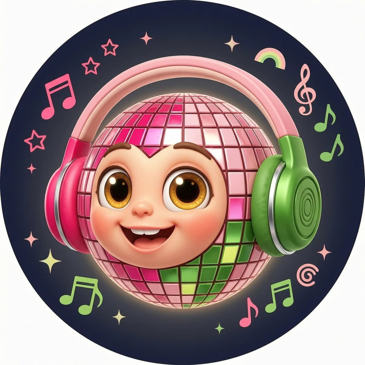 A vibrant, eye-catching circular 3D logo icon for a children's music channel. In the center, a cute and happy cartoon disco ball character with big expressive eyes and a wide cheerful smile. The disco ball features smooth, glossy tiles in a specific color palette: deep hot pink (#ff0054), vibrant grass green (#45842a), and soft pastel pink (#faa0a2). The character is wearing large, colorful 3D headphones that perfectly wrap around it, matching these exact colors. The background is a clean, solid dark gradient that makes the neon colors pop, with subtle, semi-transparent silhouettes of floating musical notes. Professional studio lighting with bright, clean reflections, smooth textures, modern Pixar and claymation style, minimalist composition with no small cluttered details, high contrast, perfect for a mobile app icon.