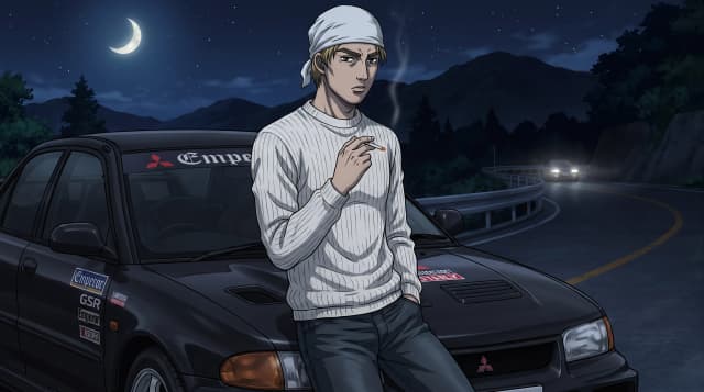 Initial D (Аниме), Кёичи Судо (парень в белой кофте и в джинсах, короткие светлые волосы с белой банданой, серьезный взгляд, курит) стоит радом с черной Mitsubishi Lancer Evolution III GSR, стоит на горной дороге, на фоне японских гор, ночь с луной, шедевр, крупный план, стиль аниме с реалистичными деталями