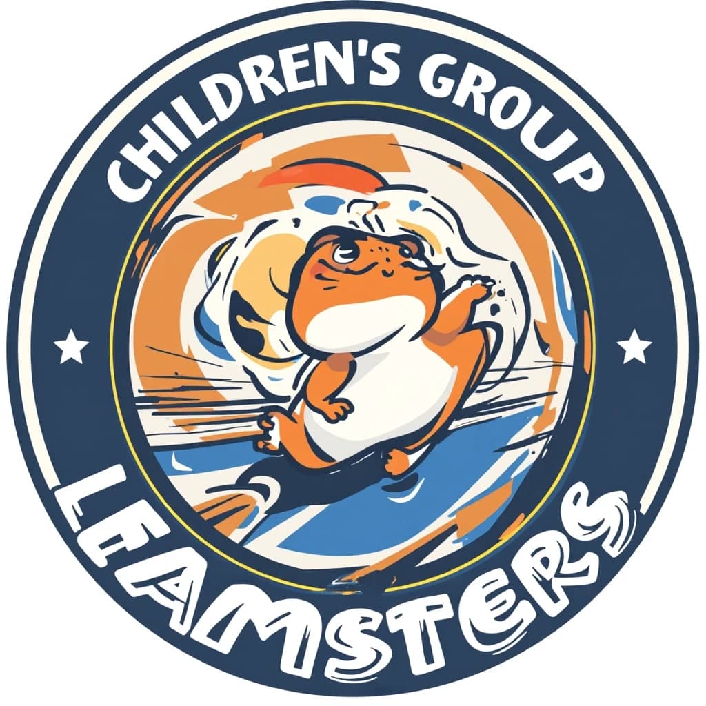 A modern, sleek round logo for a kids' sports team named "Hamsters". A vector illustration of a fast, smiling hamster running forward inside a circular badge. The color palette is vibrant orange, deep blue, and white to represent energy. The border of the circle features geometric stars and speed lines. At the top of the ring, it says "ДЕТСКАЯ ГРУППА", at the bottom "ХОМЯЧКИ" in a bold, athletic sans-serif font. Style: Flat vector design, minimalistic, clean lines, professional brand identity, white background, 4k.