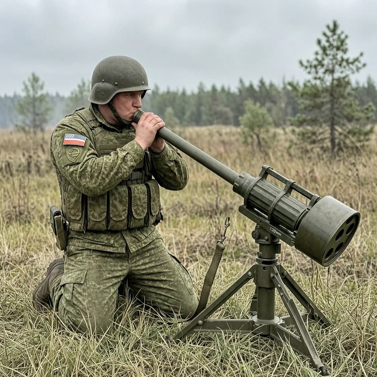 Боец русский в шлеме на поляне суёт 120 мм. мину в ствол большого миномёта