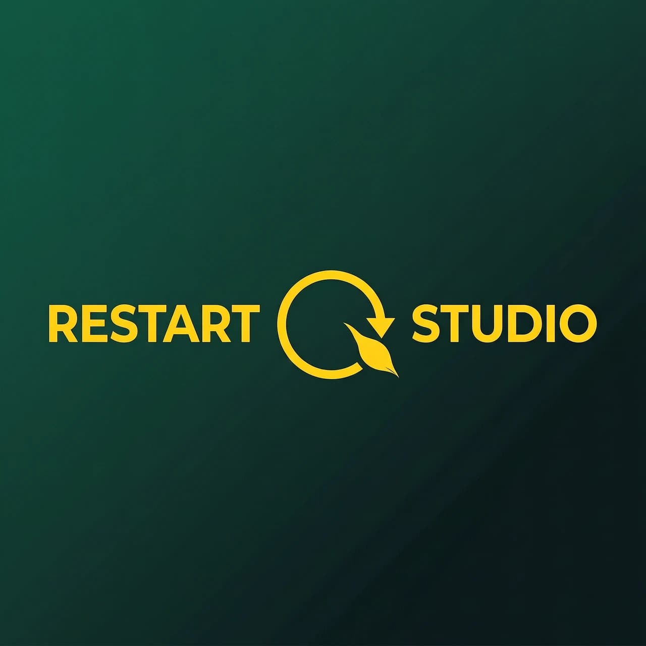 Логотип для студии детейлинга.
Название: RestArt Studio.
Композиция: слева "RestArt", по центру — знак перезагрузки, справа — "Studio". 
RestArt ⟳ Studio

Знак перезагрузки — круговая стрелка .
Наконечник стрелки не треугольный а в виде кисти выполнен в виде кончика художественной кисти: острая, изящная форма, как у кисточки для рисования, похожая на каплю.
Сама стрелкасредней толщины, графичная, без лишних деталей.
Рядом со стрелкой НЕ рисуется отдельная кисть — стрелка САМА является кистью.
Никаких брызг, мазков, капель, ворса.

Цвета:
- Фон: градиент изумрудный (#003D2E → #001A14)
- Текст и знак: ярко-жёлтые (#FFD700)

Шрифт: строгий, без засечек, жирный, RestArt Studio, заглавные буквы R, A, S

Минимализм, плоский вектор, чистая композиция.