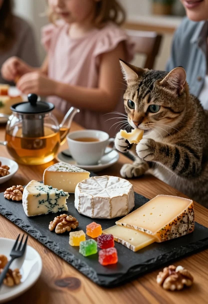 Photorealistic, 8K, highly detailed, warm indoor lighting, soft depth of field, cinematic food photography. In the center of the frame — a rich cheese platter on a dark slate serving board: a wedge of soft brie with scored lines, a round of camembert, a piece of blue cheese with visible veins (like Dor Blue), slices of yellow hard cheese, and a few artisanal cheeses with herb- and spice-crusted rinds. Scattered across the board are golden-brown walnuts, brightly colored candied fruit cubes, and small gummy pieces for texture and color contrast.

Next to the board sits a clear glass teapot with a black lid, filled with golden tea; a white porcelain teacup on a matching saucer; and a small white bowl with a black fork resting inside. The board and tea set are placed on a warm-toned wooden table with visible grain.

To the right of the platter, a small degu stands on its hind legs, delicately tasting a morsel of brie with tiny front paws — its whiskers twitch with delight. Just behind the board, partially hidden by the slate edge, a cat peers into the frame with wide, attentive eyes, its gaze fixed on the degu; only the cat’s face and two front paws gripping the table’s edge are visible, adding a sense of quiet suspense.

In the softly blurred background, partial figures of people at the table — hands, a child in a pink top, casual clothing — convey a relaxed social gathering. Subtle details like the creamy texture of the cheeses, the glossy sheen of the candied fruit, and the fine fur texture of the degu and cat enhance realism. Style: inviting, appetizing, and cozy, with a touch of whimsical charm, focusing on rich textures, warm tones, and the playful interaction between the animals.

Если скажешь, для какой нейросети (Midjourney, Kandinsky, Шедеврум), адаптирую промт под её синтаксис — в некоторых лучше работают более короткие формулировки без избыточных